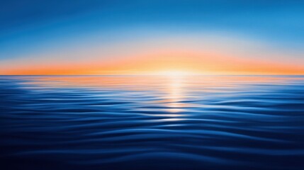 Obraz premium A stunning view of a tranquil ocean at sunrise, where the calm waters reflect vibrant colors of blue and orange. Ideal for evoking peace and serenity in any project.