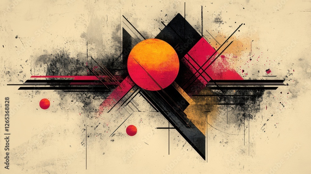 Poster vibrant geometric abstraction with bold colors and dynamic lines creating a striking visual experien