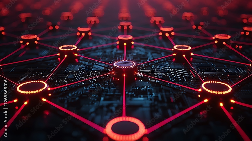 Poster network nodes connect on board data travels. server room. tech illustration use