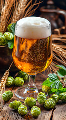 Glass of amber beer with hops on wooden table top. Fresh cold ale, lager in tulip glass with foam on blurred background. Banner with copy space. St. Patrick's day. Oktoberfest, Irish craft beer da