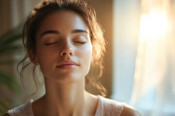 Young woman practicing mindfulness and breathing indoors, focusing on mental health and relaxation, Generative AI