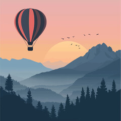 Fototapeta premium A vector of a hot air balloon flying over a mountain range