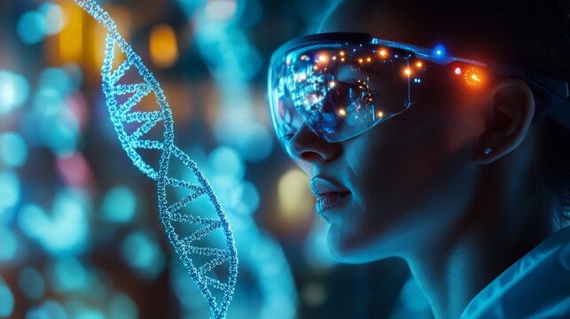 Scientist wearing augmented reality (AR) glasses, analyzing a glowing 3D DNA model, high-tech genetics research.