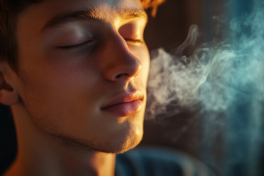 Young man practicing mindfulness and yoga exercises with eyes closed, focusing on relaxation and calm, Generative AI