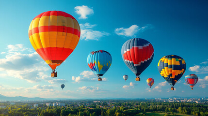 Fototapeta premium Colorful Hot Air Balloons Dancing Across the Vibrant Sky Above a Lush Landscape During a Serene Afternoon