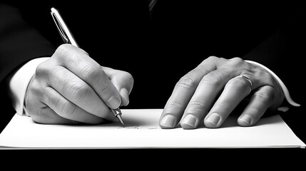 Signing a Crucial Document With Precision and Intention in a Stylish, Monochromatic Setting