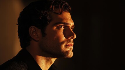 Profile of a Thoughtful Man in Dramatic Lighting Captured in Warm Tones and Soft Shadows