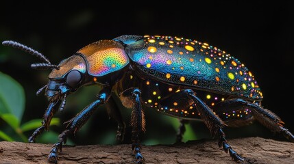 Colorful beetle crawling on a branch in a lush green environment at twilight