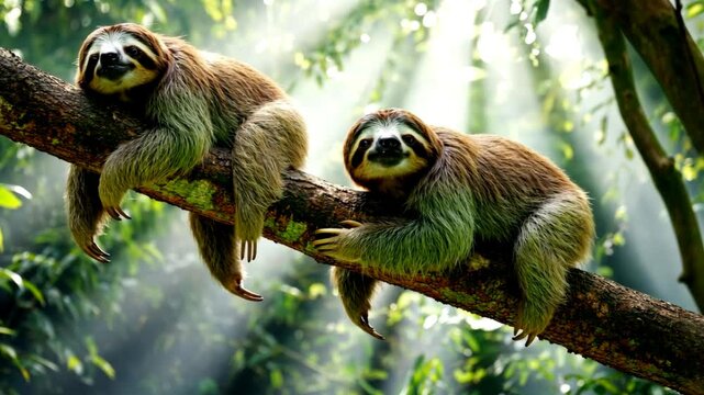Two sloths hanging on a tree branch in rainforest with sunlit background