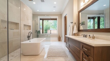 Smart mirror in a minimalist bathroom, displaying the weather, news, and personal health insights, blending decor with technology.