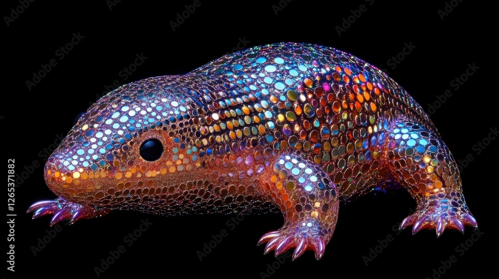 Poster a vibrant and surreal creature with colorful textures showcasing unique patterns in a dark setting