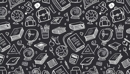Back to school seamless pattern doodle. Hand drawn line doodle sketch style back to school background. Hand drawn book, bag, globe education chalkboard background. Vector illustration.