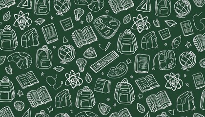 Back to school seamless pattern doodle. Hand drawn line doodle sketch style back to school background. Hand drawn book, bag, globe education chalkboard background. Vector illustration.