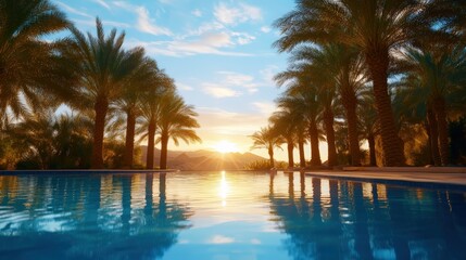 A serene sunset over a tranquil pool, surrounded by lush palm trees and golden clouds. This peaceful scene evokes feelings of relaxation and escape, perfect for a tropical getaway.