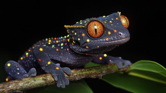 Vibrant nocturnal gecko resting on a branch in a lush tropical environment under the moonlight - Powered by Adobe