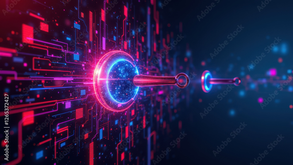 Poster cybersecurity digital art with a cybernetic eye symbolizing internet security.