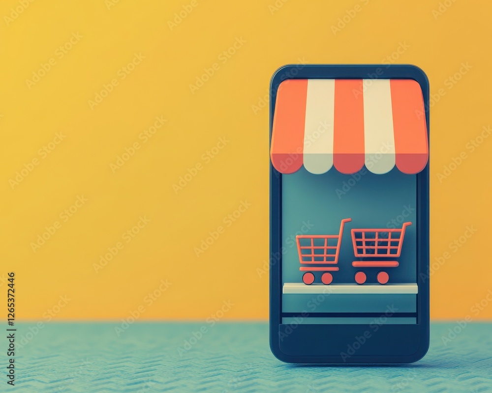 Poster a smartphone displaying a digital storefront with shopping carts, representing online shopping and e