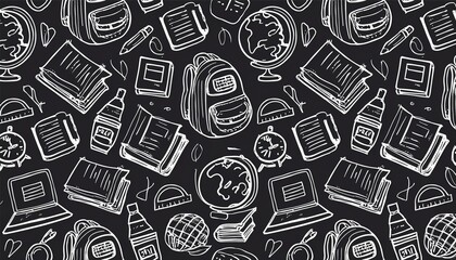 Back to school seamless pattern doodle. Hand drawn line doodle sketch style back to school background. Hand drawn book, bag, globe education chalkboard background. Vector illustration.