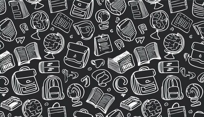 Back to school seamless pattern doodle. Hand drawn line doodle sketch style back to school background. Hand drawn book, bag, globe education chalkboard background. Vector illustration.