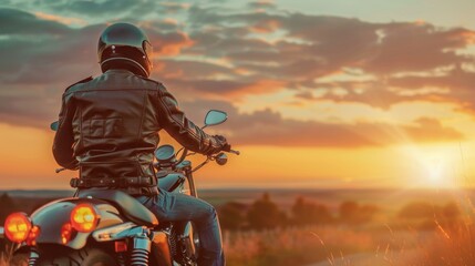 Motorcycle Rider on Country Road at Sunset - Back View