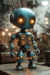 Fototapeta premium Charming teal robot stands in workshop setting