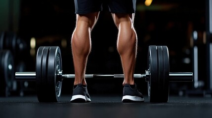 A close-up of strong, muscular calves positioned beside a heavy barbell on a gym floor, showcasing strength and determination during a deadlift exercise