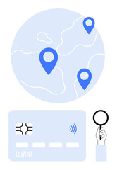 Map with geolocation markers, credit card, and magnifying glass emphasizing secure transactions. Ideal for finance tech, fraud prevention, global payments, cybersecurity, location services, online