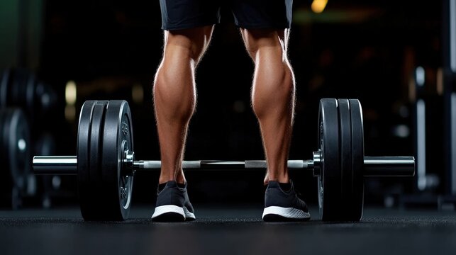 A close-up of strong, muscular calves positioned beside a heavy barbell on a gym floor, showcasing strength and determination during a deadlift exercise