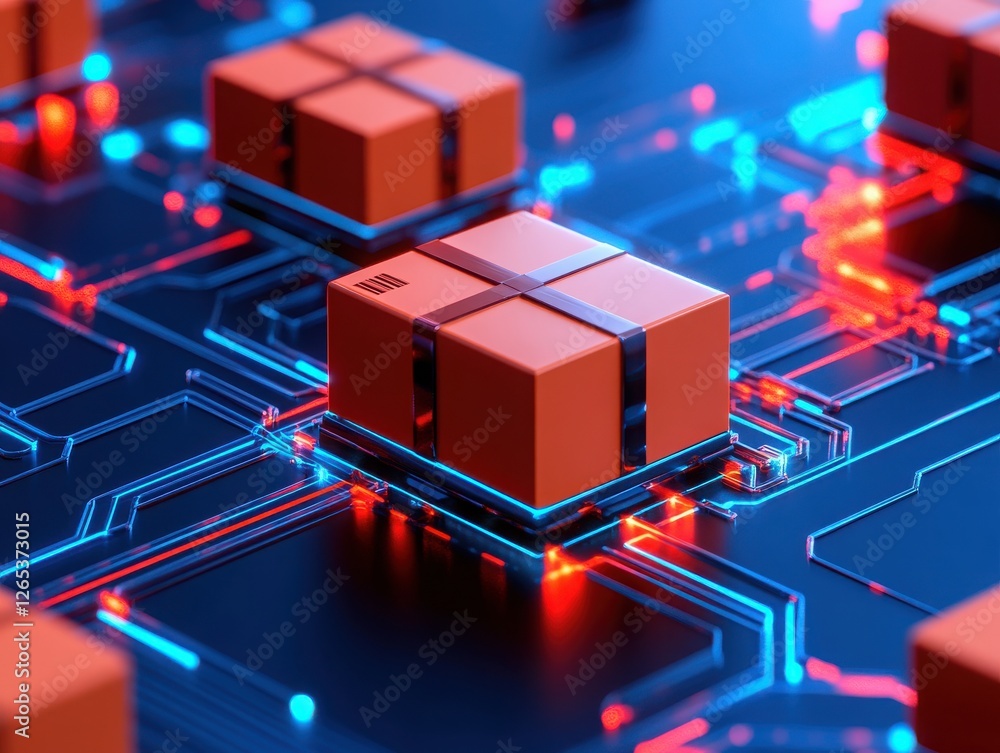 Poster a vibrant digital landscape featuring glowing circuit patterns and orange data packets symbolizing a