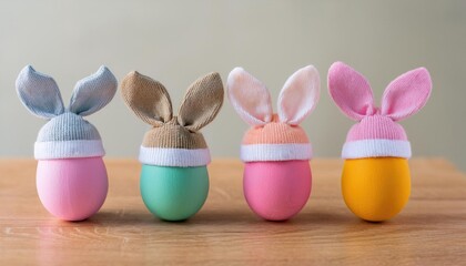 Obraz premium Colorful Easter eggs with bunny hats on a wooden table decorated for spring celebrations 