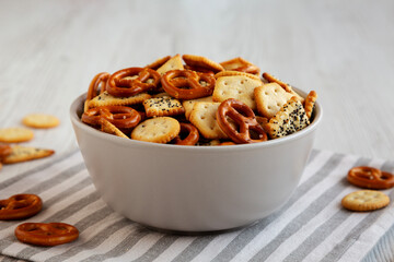 Homemade Salty Party Snack Mix in a Bowl, side view.