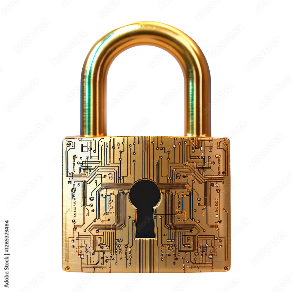 Poster golden padlock with integrated electronic circuits, password security technology isolated on transpa