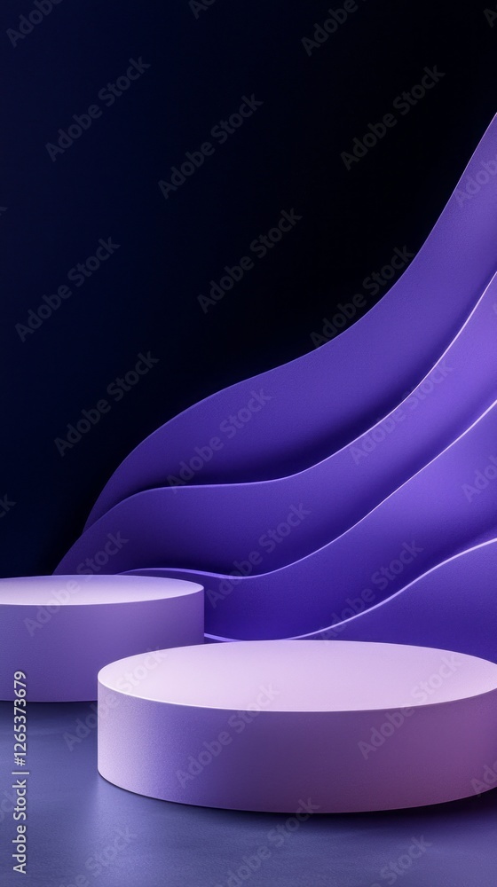 Poster Two round podiums sit empty in front of a striking purple backdrop, showcasing smooth curves that create a dynamic aesthetic, inviting the potential for engaging presentations and discussions