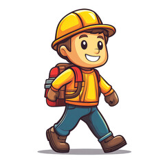 Fototapeta premium Cute Cartoon Boy Walking with Backpack: Happy Child on an Adventure