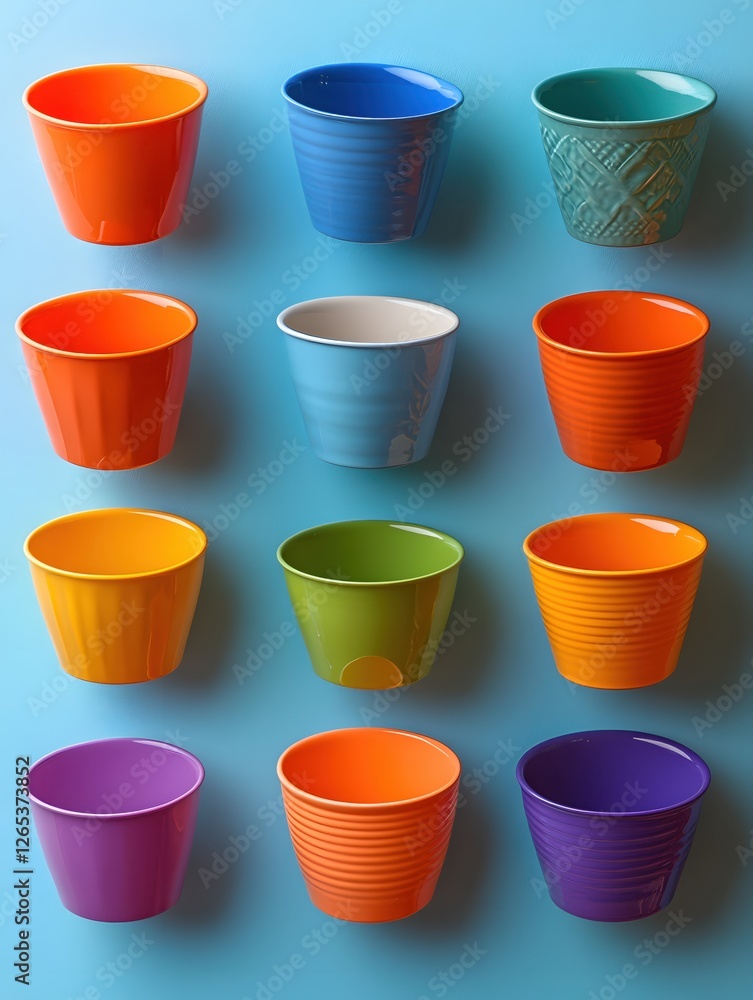 Poster colorful array of empty flower pots on a blue background minimalist and modern style