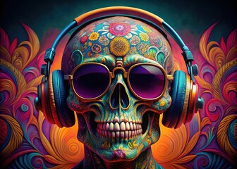 Macro skull headphones, sunglasses, AI pattern art.