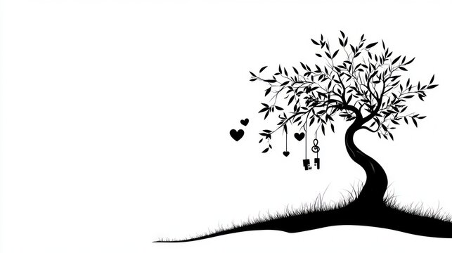 Silhouette tree with hearts, swing, and music note; romantic, peaceful background; ideal for love, cards