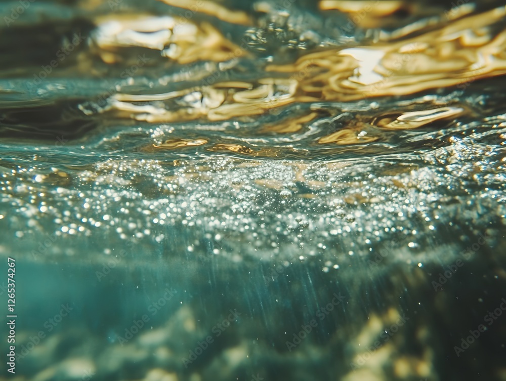 Poster abstract underwater view with bubbles and light rays creating a dreamy and serene atmosphere