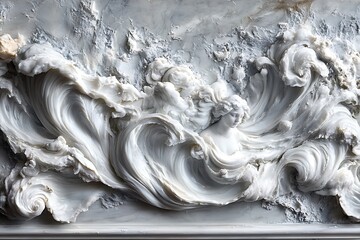 Intricate white marble relief depicting flowing waves and ethereal figures in dynamic motion