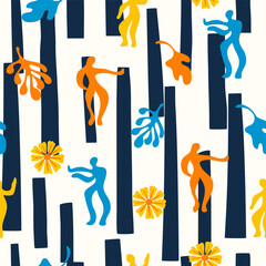Trendy creative seamless pattern in Matisse style, abstract geometric and natural shapes, bright colors
