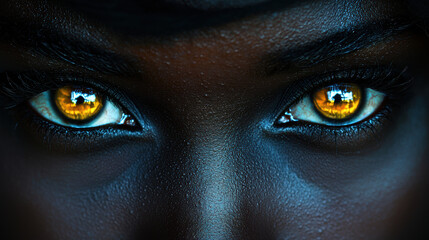 Close up of intense golden eyes with deep reflections, set against dark complexion, evoking mystery and emotion.