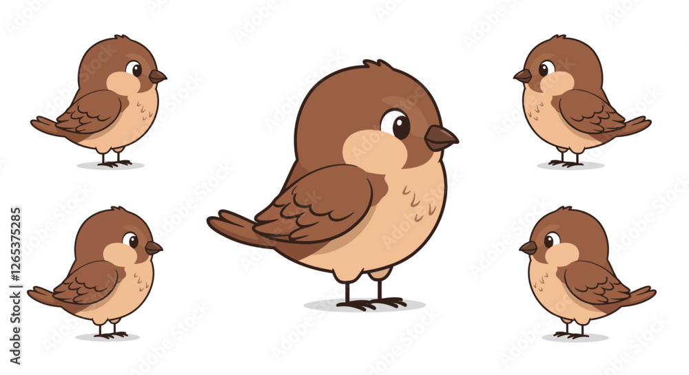 Poster cute sparrow characters in flat design style showcasing size transition vector art