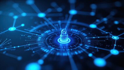 The image represents a digital concept of cybersecurity with a lock icon integrated into a network of interconnected nodes.