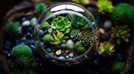 Serene Greenery Terrarium: Tranquil Flat Lay of Mini Glass Garden with Lush Plant, Moss, and Decorative Stones