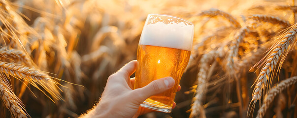 Hand holding glass of beer in field of wheat on summer sunset. Agriculture and beverage concept. Harvest and beer festival banner. St. Patrick's day, Oktoberfest, Irish craft beer.