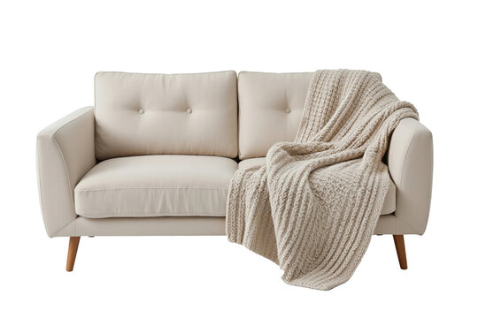 A light beige couch with tufted back cushions and a soft, textured beige throw blanket draped over one side