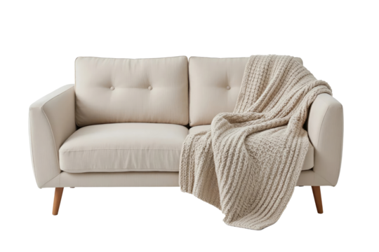 A light beige couch with tufted back cushions and a soft, textured beige throw blanket draped over one side