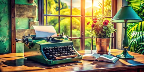 Panoramic typewriter setup, classic charm, retro aesthetic.