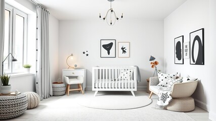 Peaceful Nursery Haven: Black and White Prints and Cozy Textiles