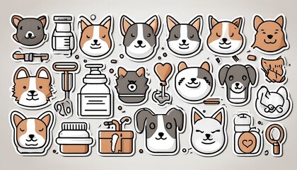 Pet veterinary clinic line icon set. Sick pet, animal, cat, dog for veterinarian sticker template. Doodle line style animal and character. Vector illustration.